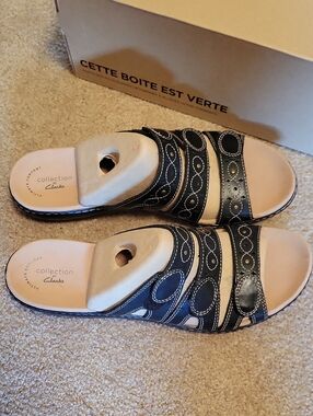 Clarks Leisa Cacti Q Slide. Black Leather Sandals. Size 12N.
